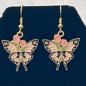 Handmade Pink & Gold Butterfly & Tulip Dangle Earrings Brand New